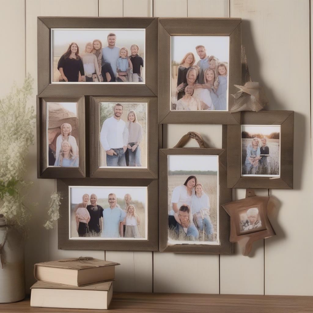 Rustic farmhouse style wooden photo collage featuring family photos and distressed wood finish