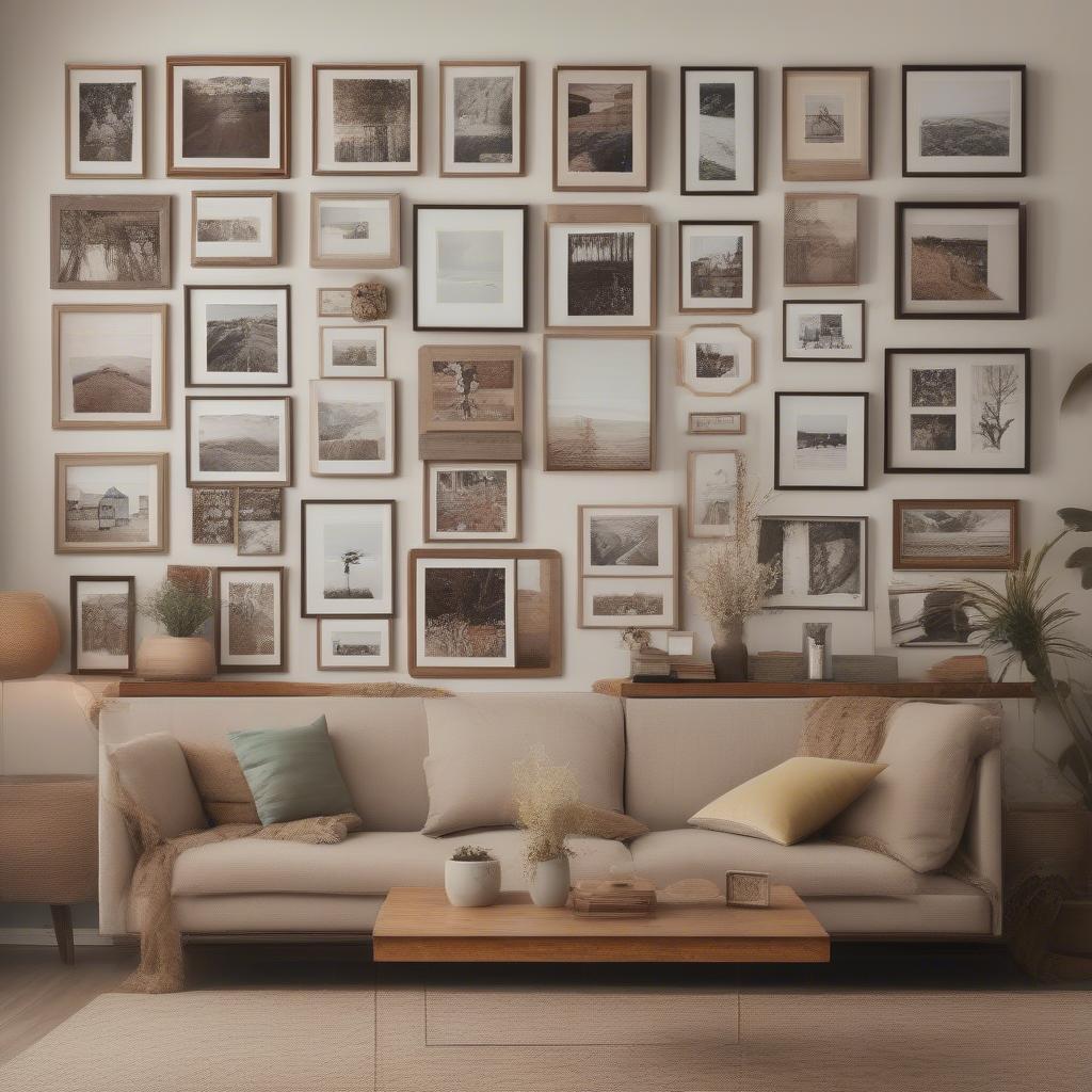 A gallery wall featuring multiple wooden photo collages in varying sizes and styles.