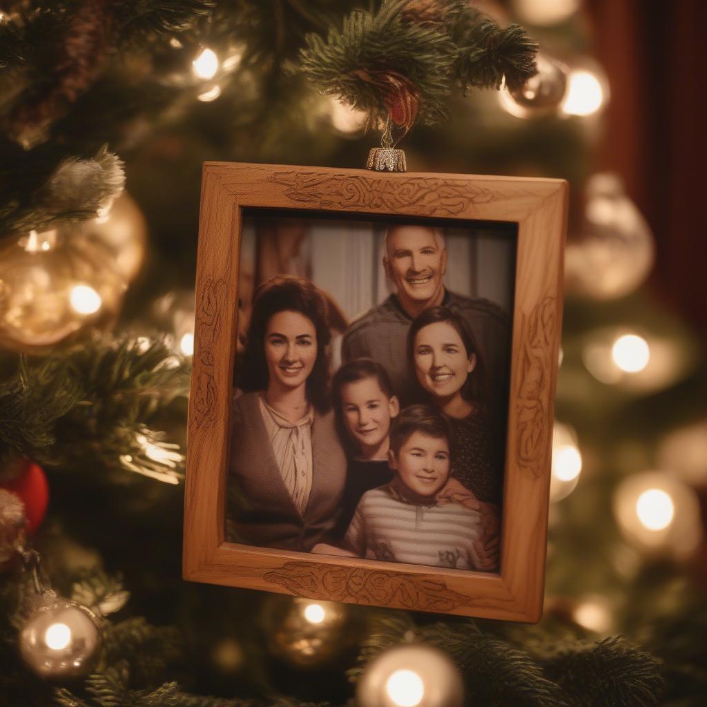 Wooden photo frame ornaments hanging on a Christmas tree