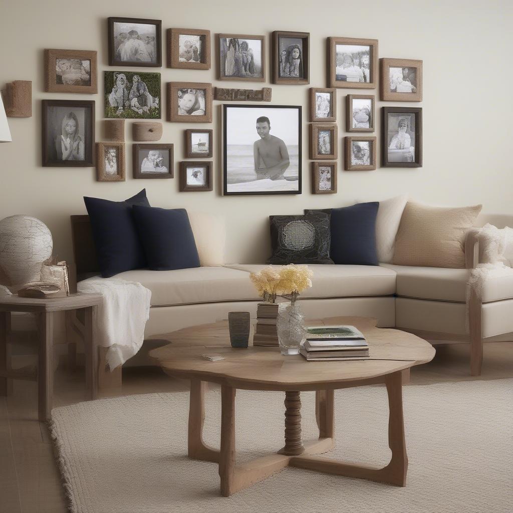 A gallery wall featuring various wooden photo stands displaying photos in a living room.