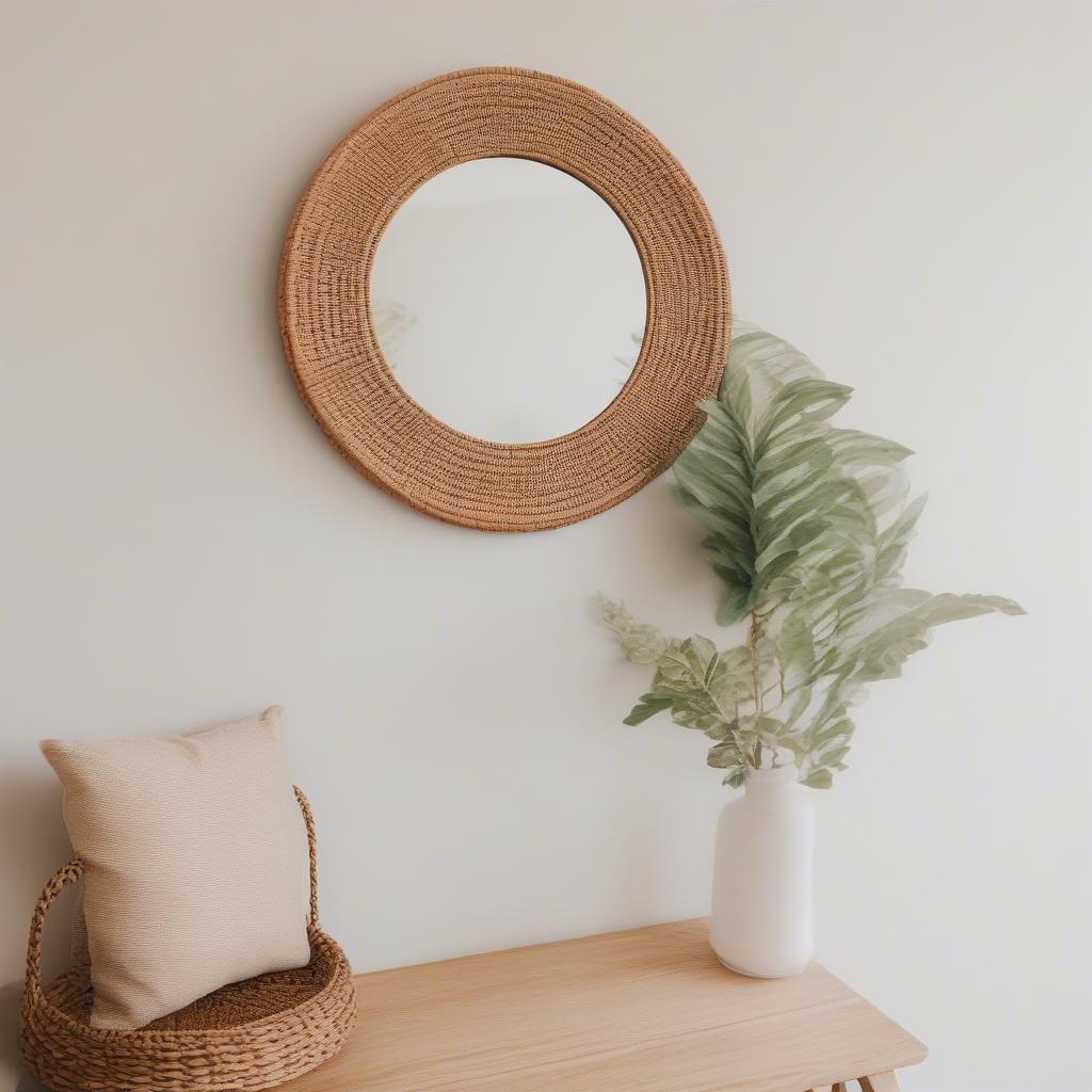 A wooden script sign attached to a rattan mirror adds a rustic charm.