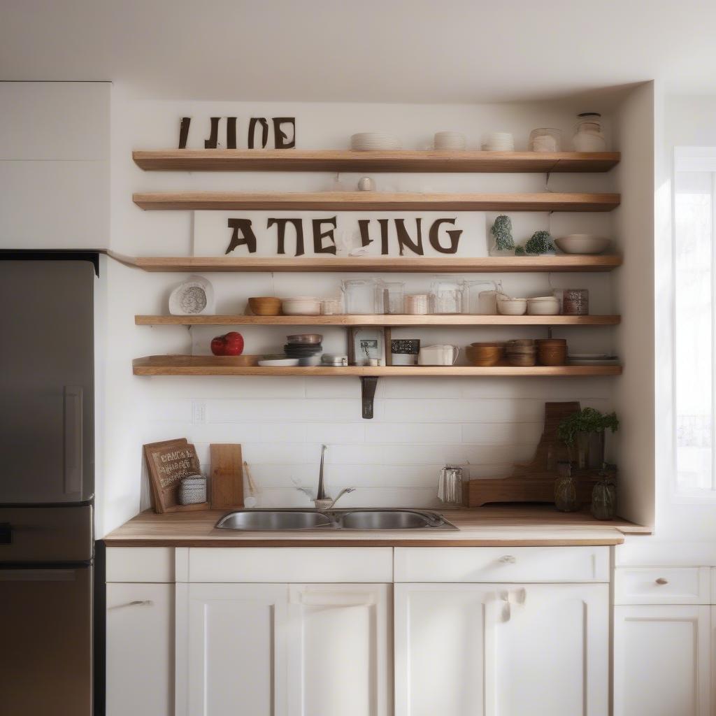 A rustic wooden sign in a farmhouse style kitchen