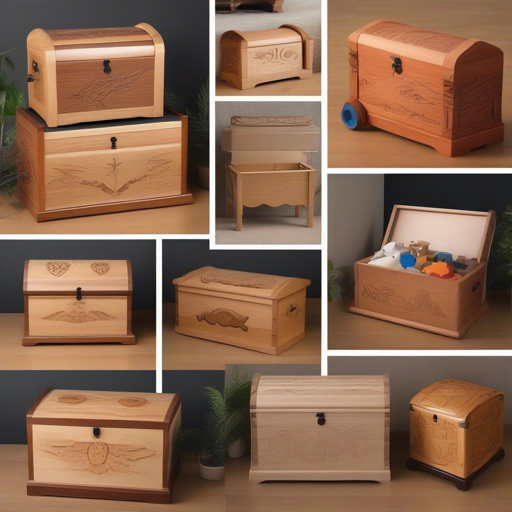 Various sizes and styles of wooden toy chests