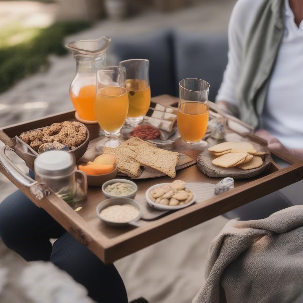 Serving with a Wooden Tray with Metal Handles