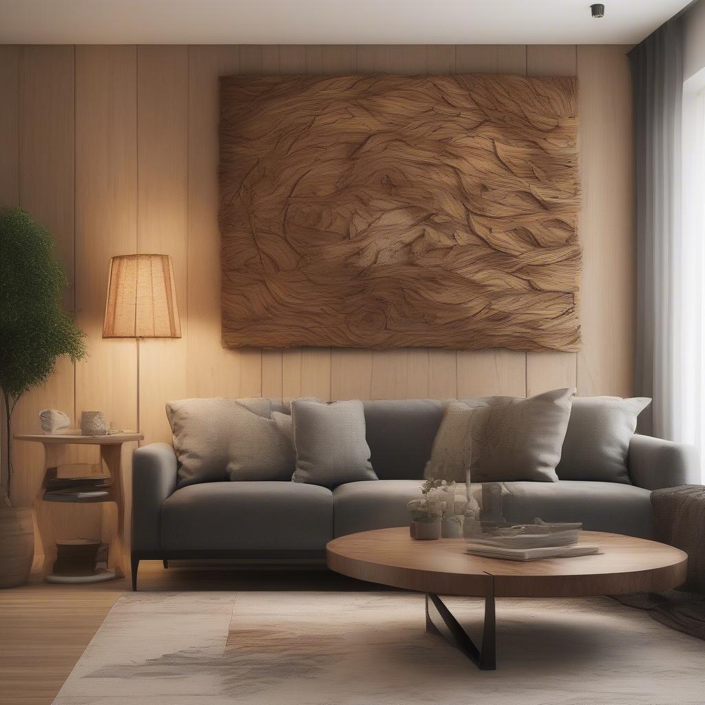 Wooden wall art in a living room setting