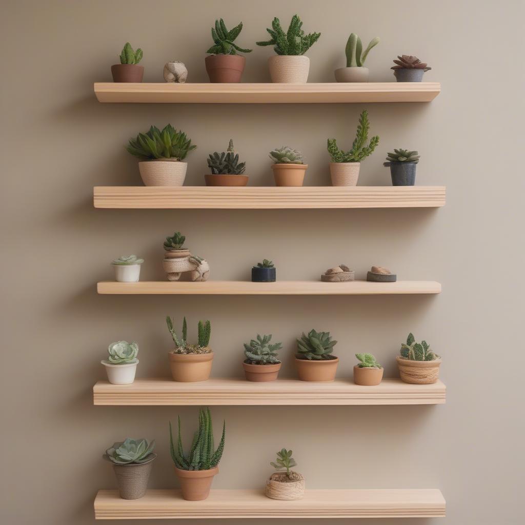 Wooden wall hanging with shelves featuring plants and books