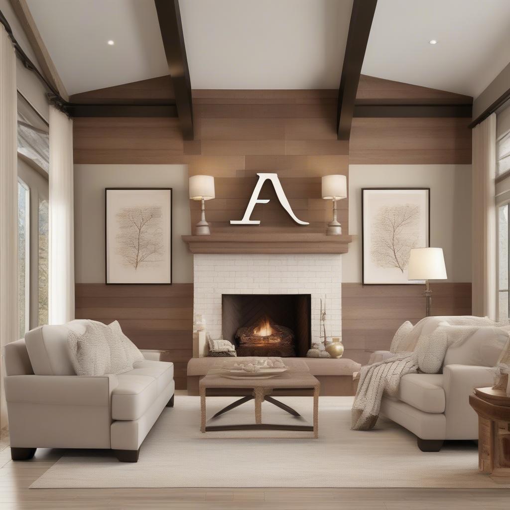 Wooden wall letters add a personalized touch to a living room