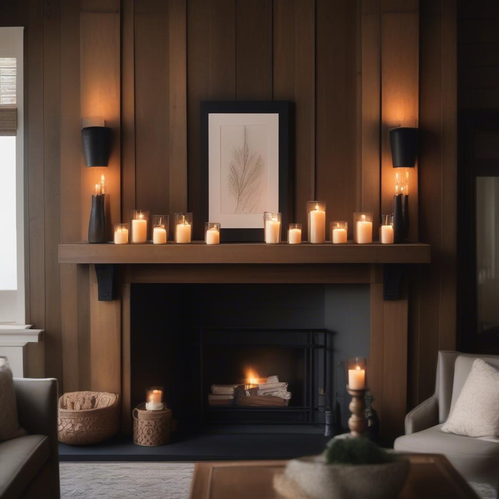 Wooden wall sconces with candles add a warm and inviting glow to a living room.