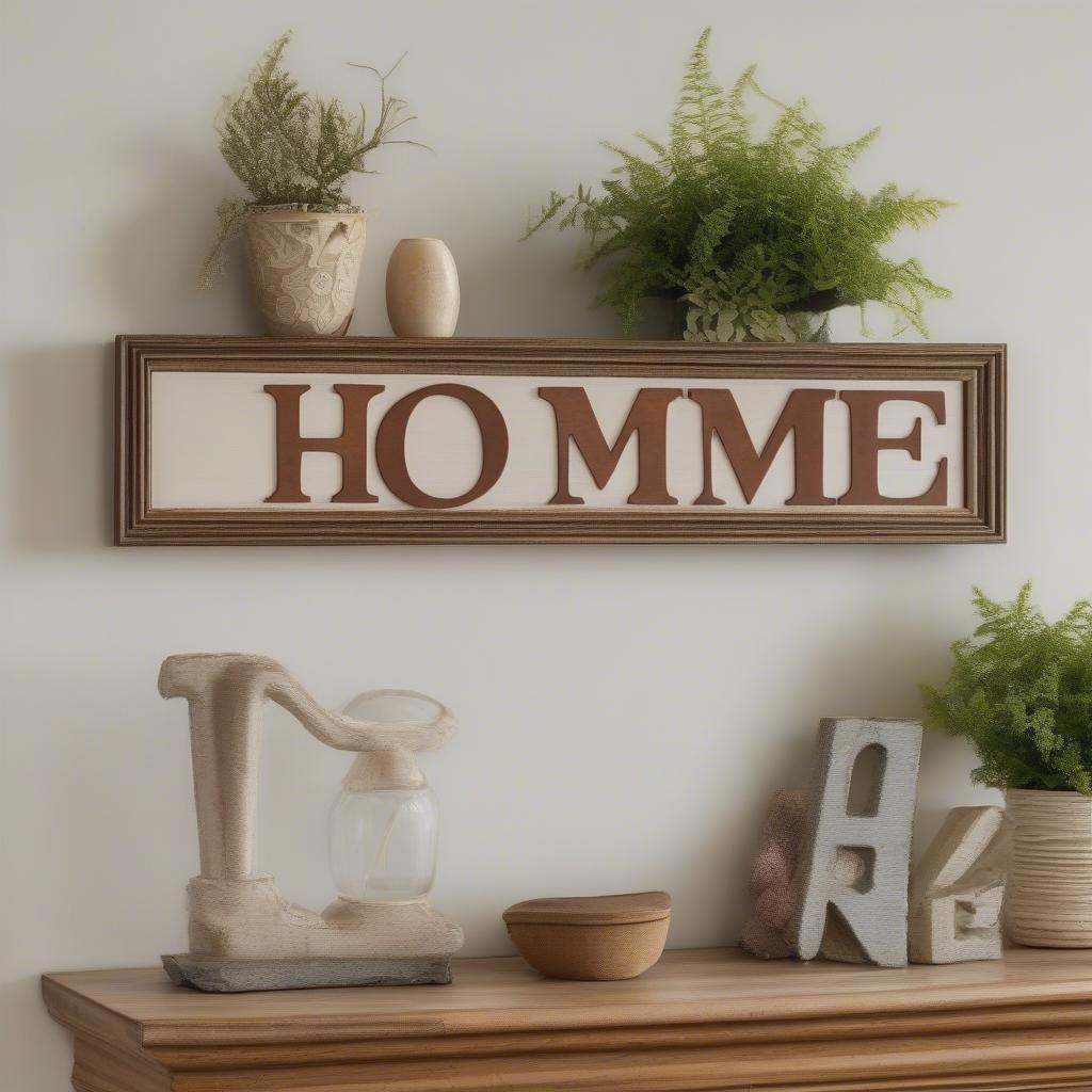 Wooden word applique adds rustic charm to a living room wall