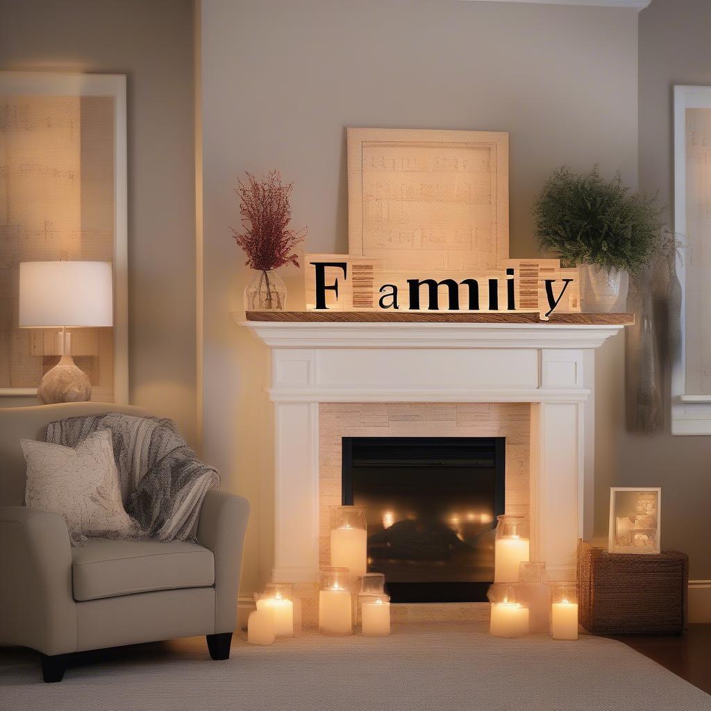 Wooden words decor adds a personalized touch to a living room, displaying family names above the fireplace.