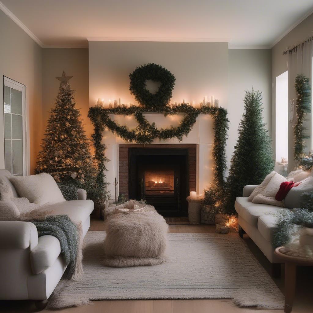 Wool Ball Garland on a Mantelpiece for Christmas