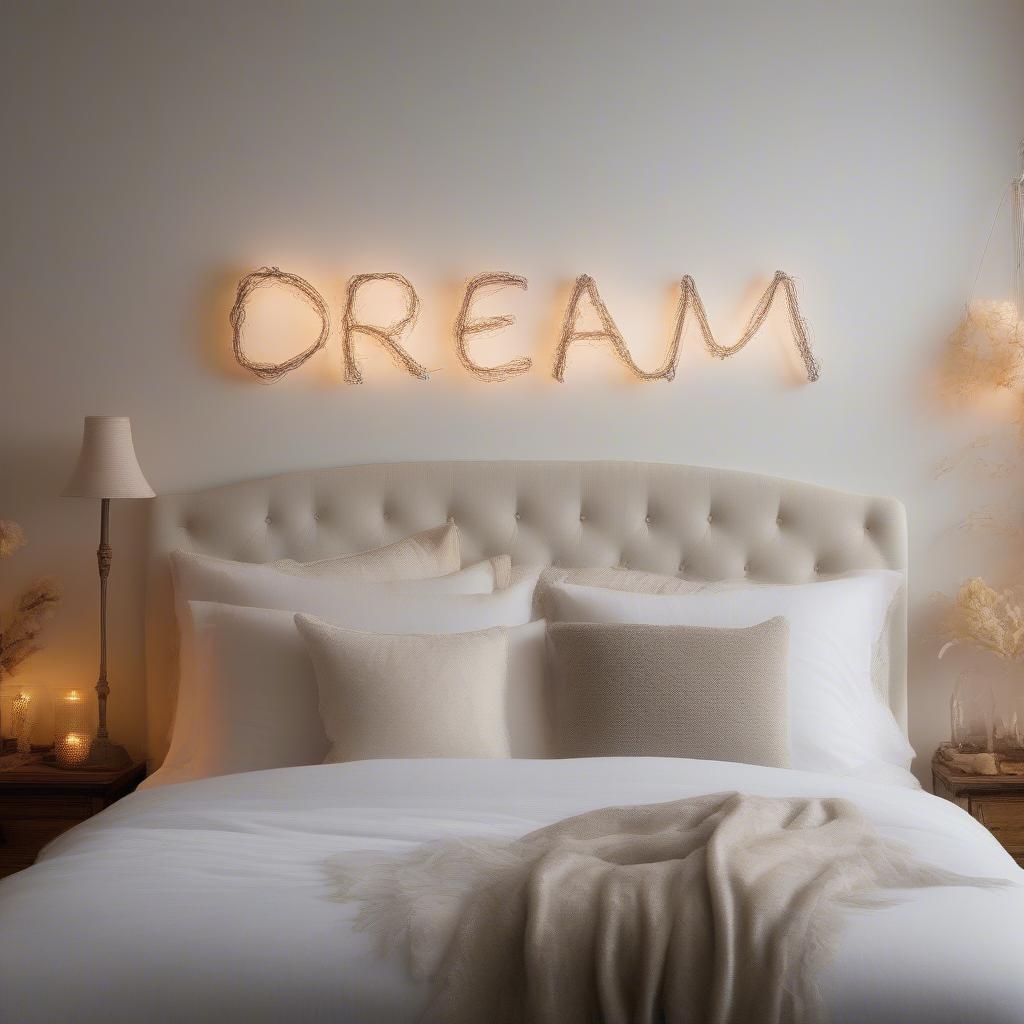 Word Sign in a Cozy Bedroom