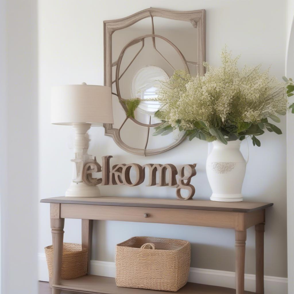 A welcoming word sign in the entryway greets guests with a warm message.