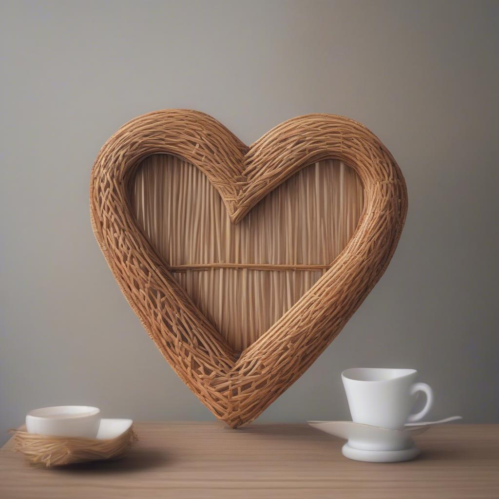 A woven heart made of wicker and rattan, symbolizing love and inspired by Maya Angelou's quotes.