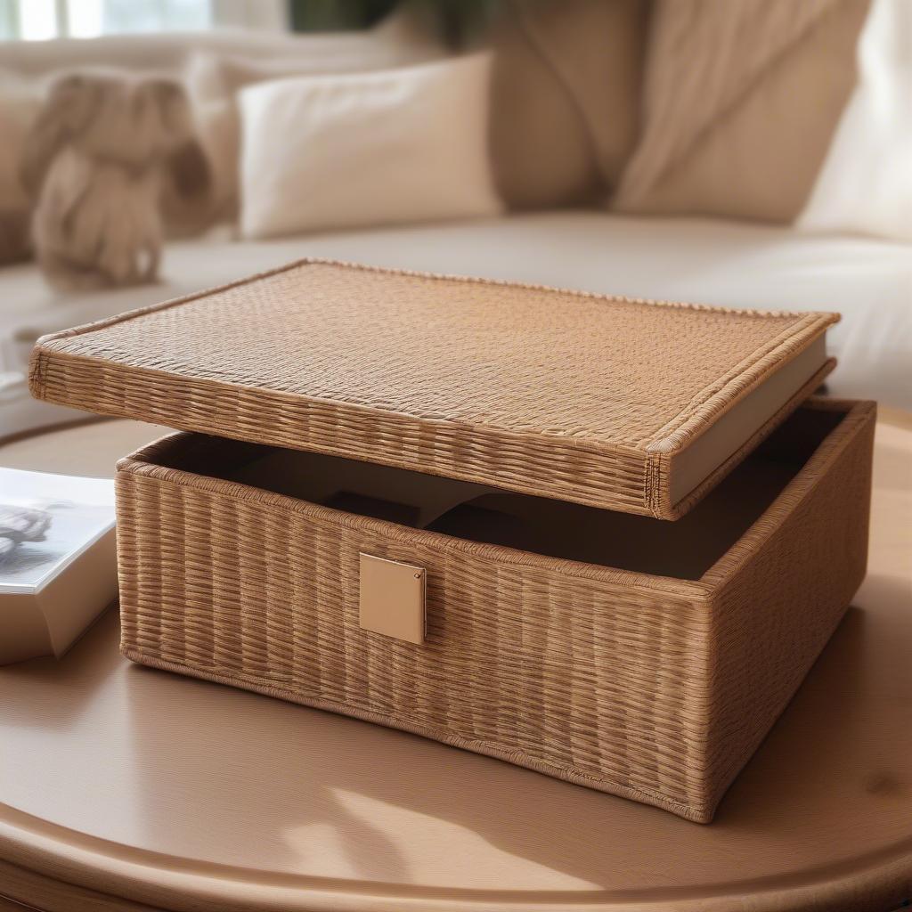 Woven rattan photo album with family photos on a coffee table.