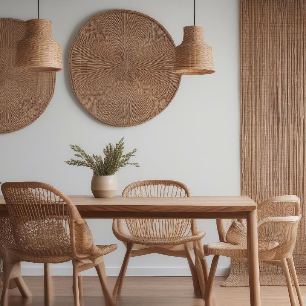 Woven rattan wall art adds texture and warmth to a dining room