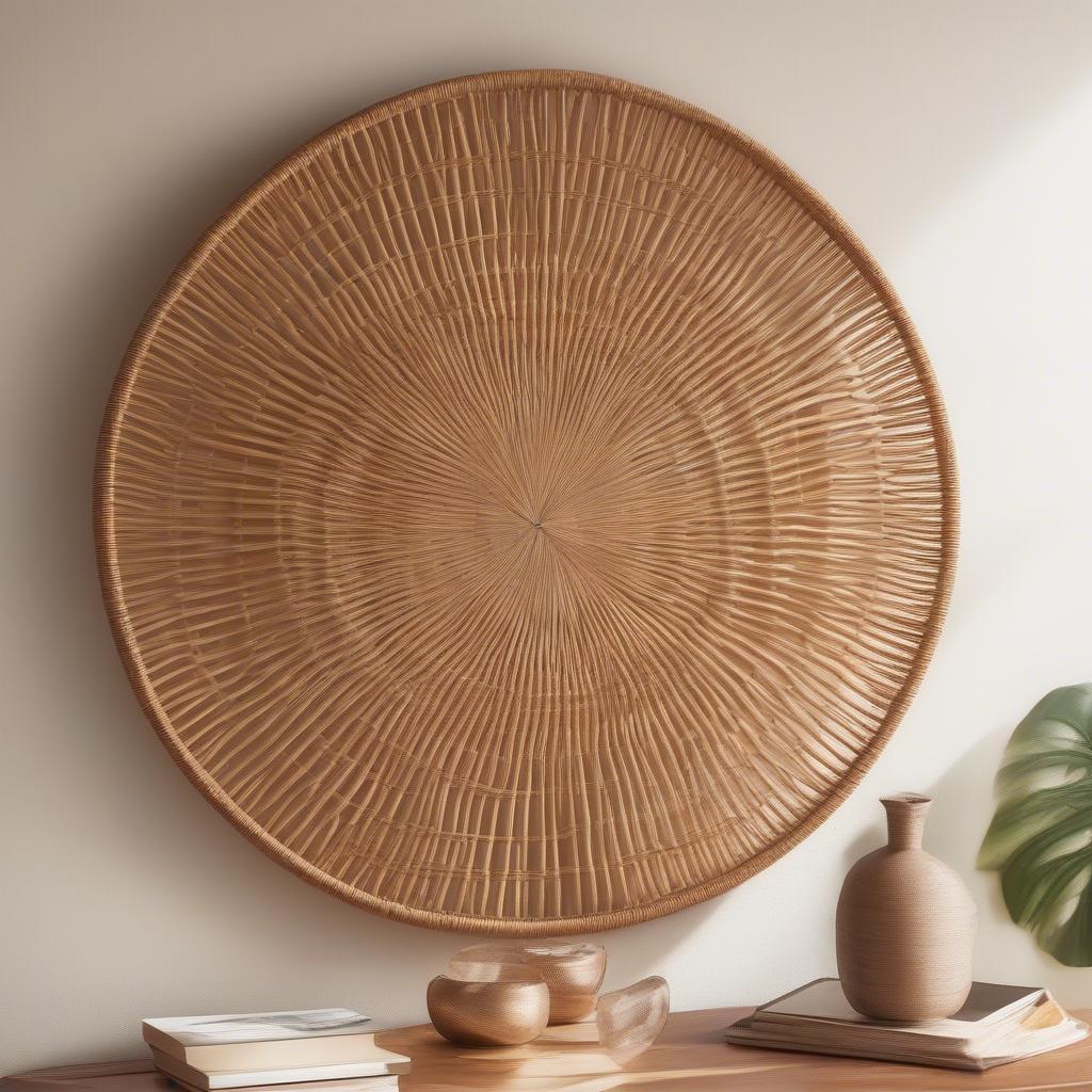 Woven rattan wall art displayed on a light-colored wall, creating a warm and inviting atmosphere.