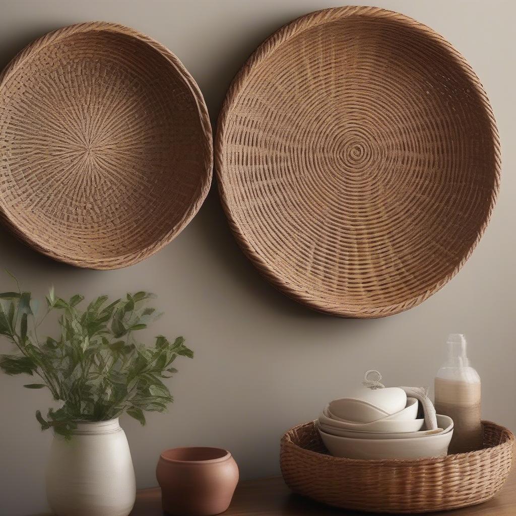 Woven table wall decor ideas featuring various wicker baskets, rattan chargers, and other natural fiber wall hangings in different sizes and styles, arranged artistically on a wall.