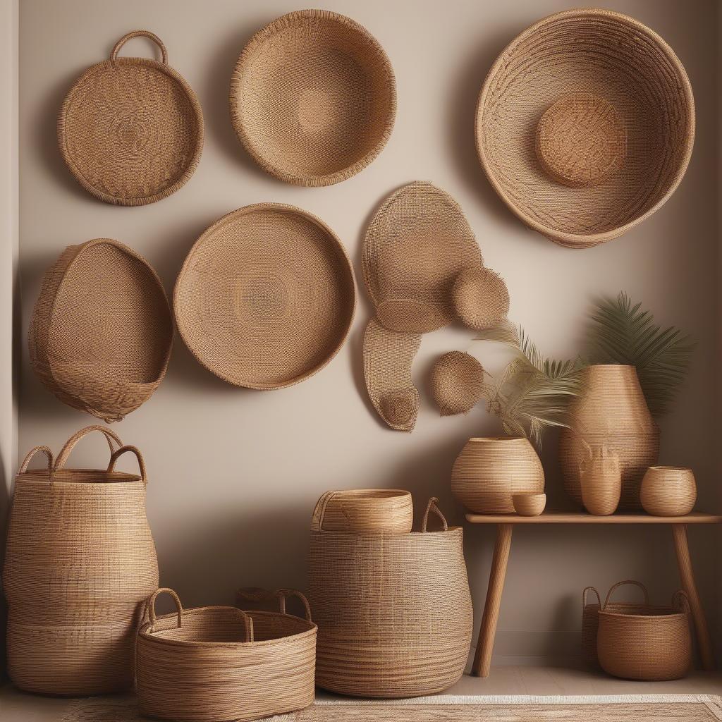 Woven wall art featuring decorative rattan baskets of varying sizes and shapes, adding texture and warmth to a living room wall.