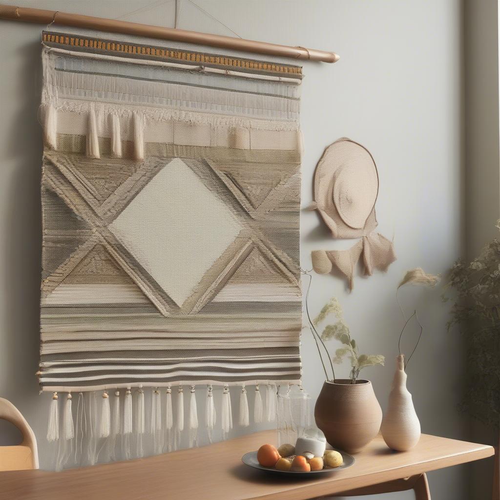 Woven wall art adds texture and warmth to a dining area.