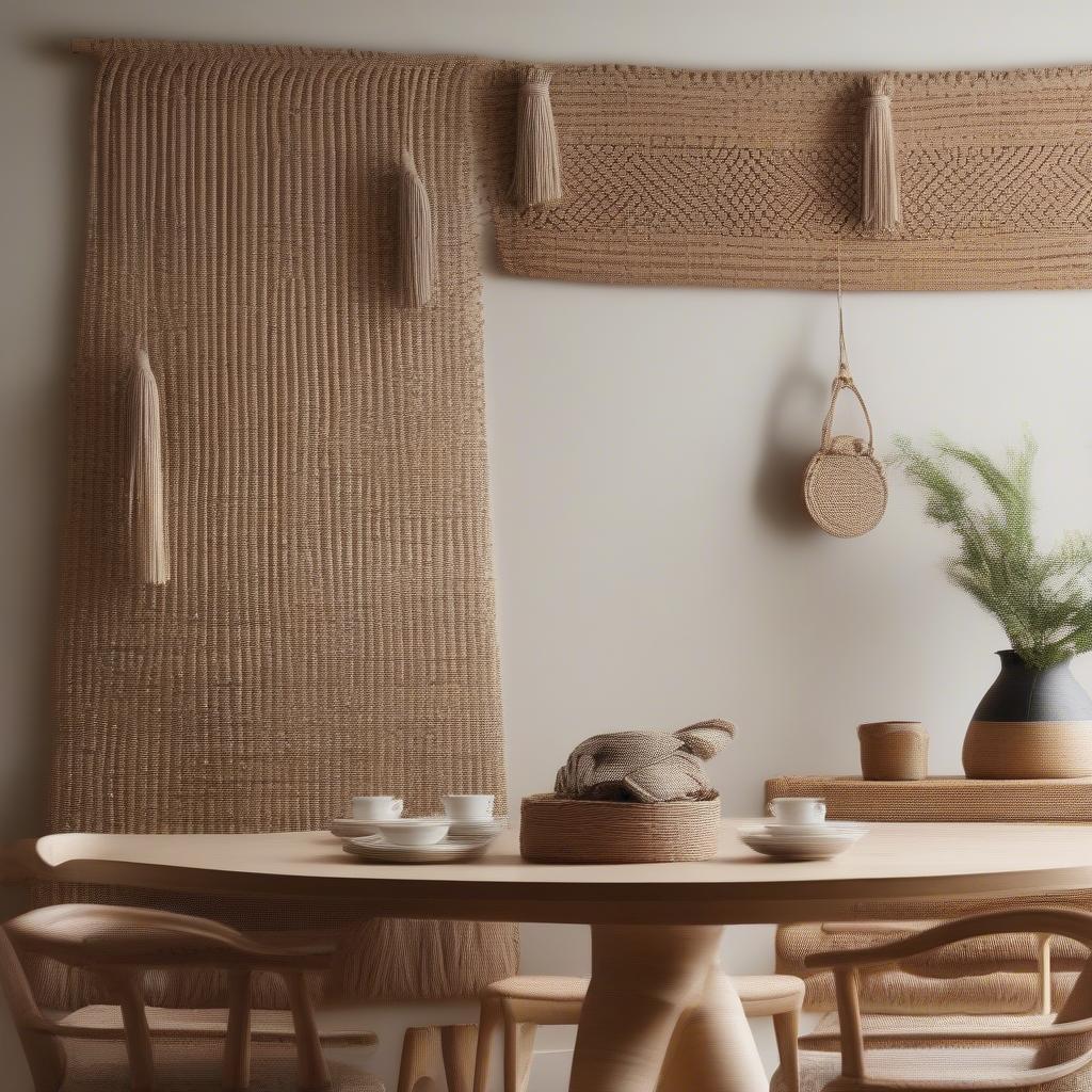 Woven wall art adds texture and warmth to a dining room setting