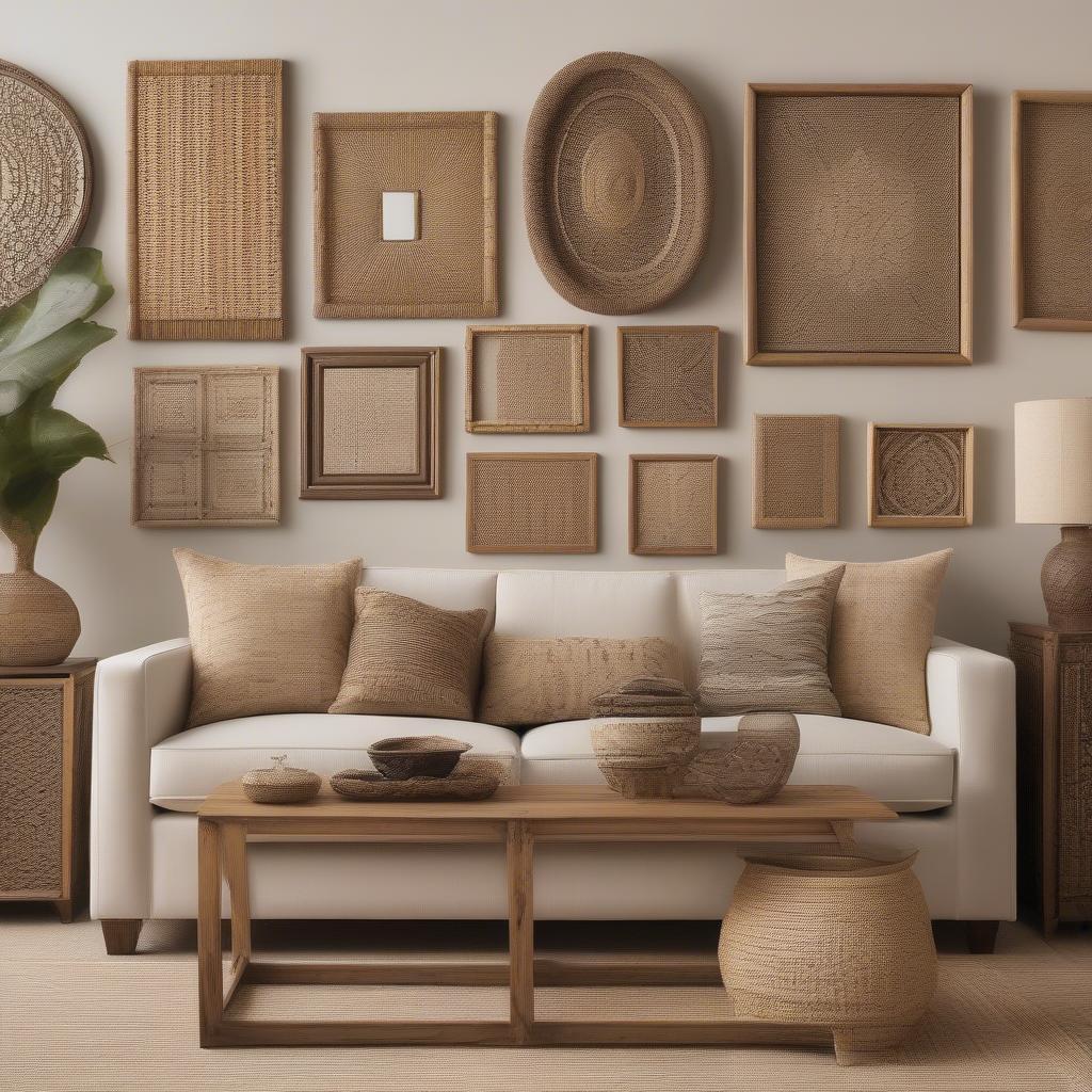 Woven wall art frames add texture and warmth to a living room setting.