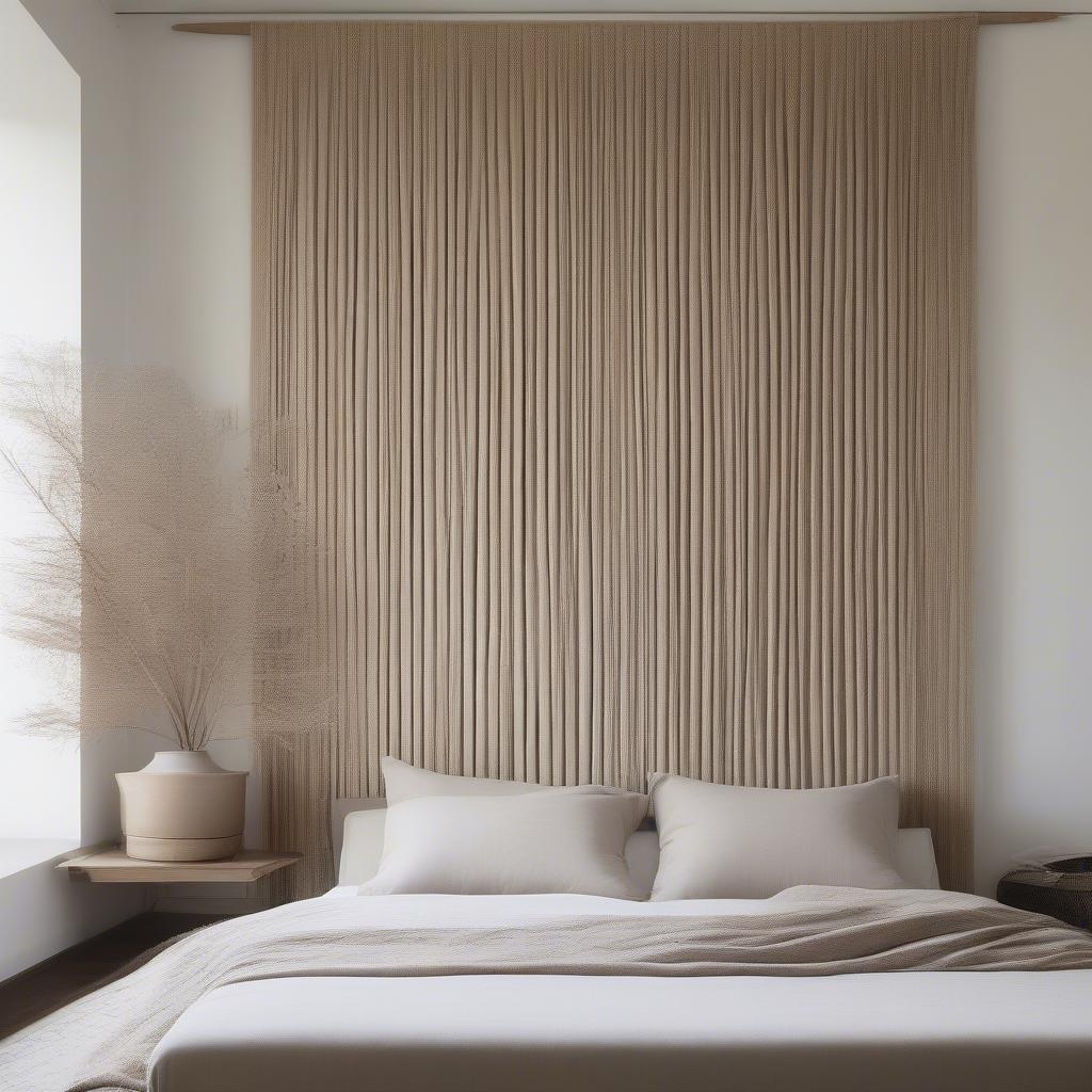 Woven wall art hanging above a bed in a bedroom