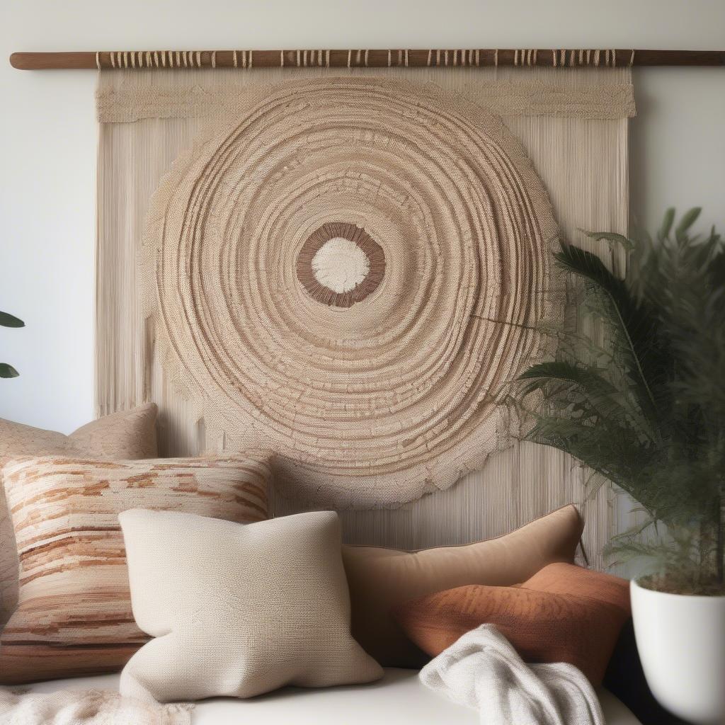 Large-scale woven wall art adds texture and warmth to a living room