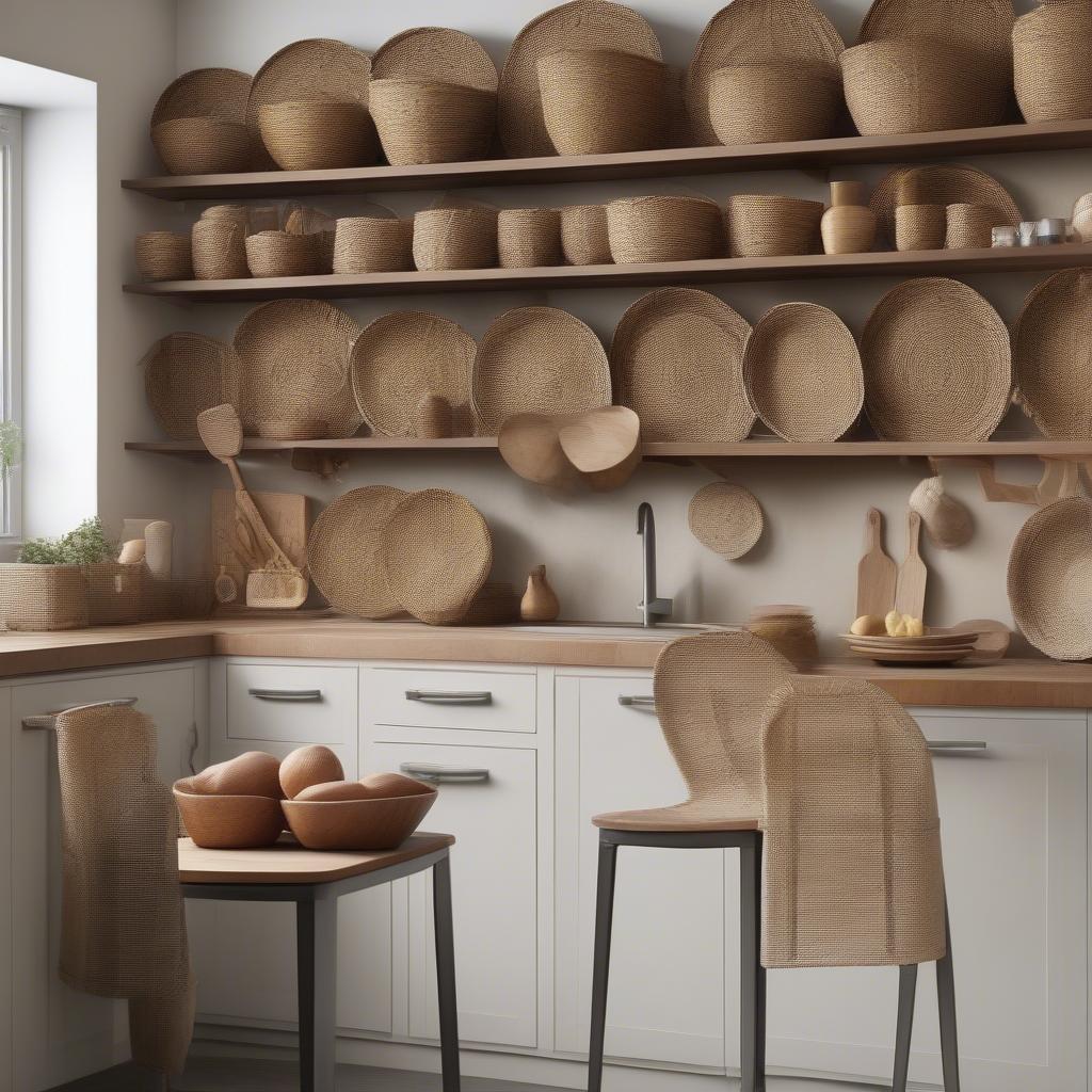 Woven wall baskets add a rustic touch to kitchen decor