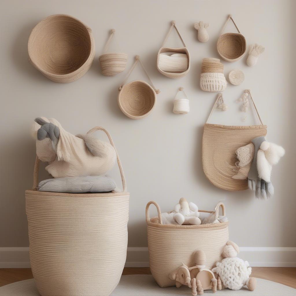 Woven wall baskets in a nursery provide stylish storage and add a touch of bohemian charm to the room.