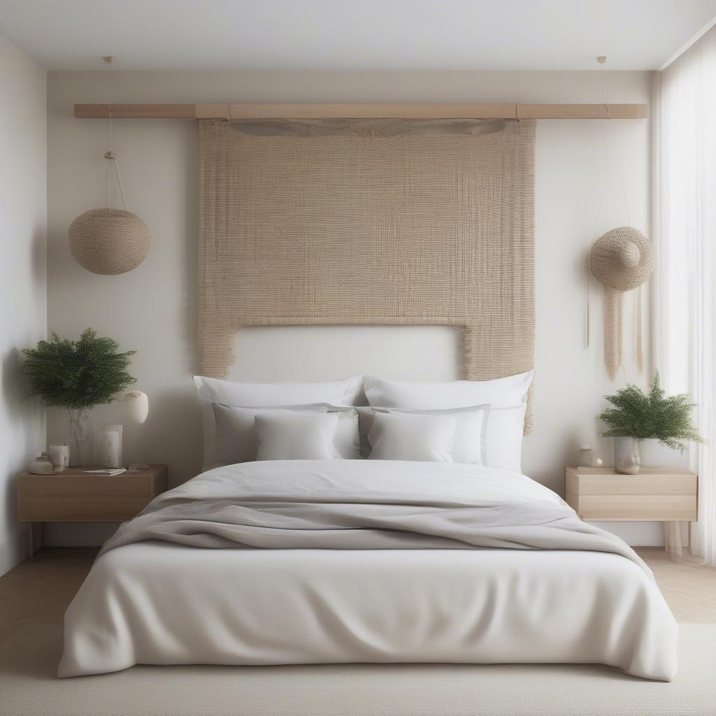 Woven wall decor above a bed in a minimalist bedroom