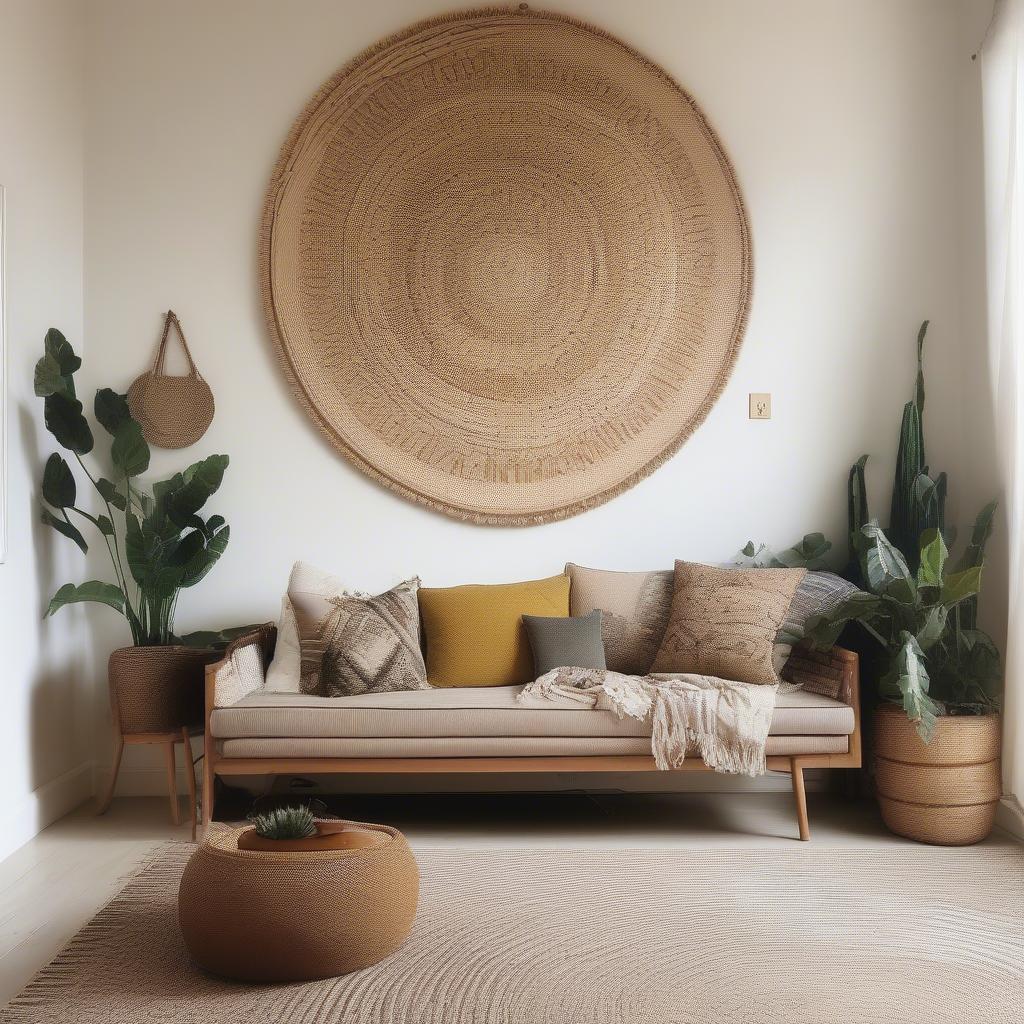 Woven wall decor in a living room