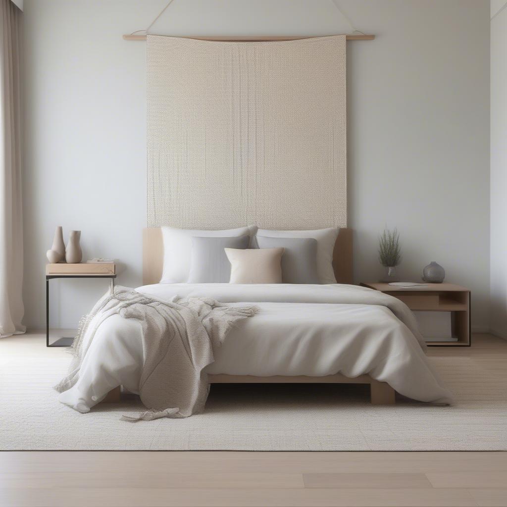 Woven wall hanging in a minimalist bedroom