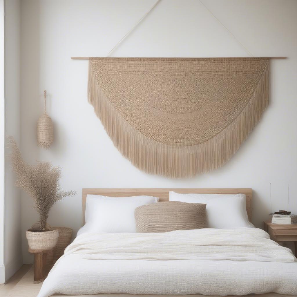 Woven wall hanging adds texture and warmth to a minimalist bedroom