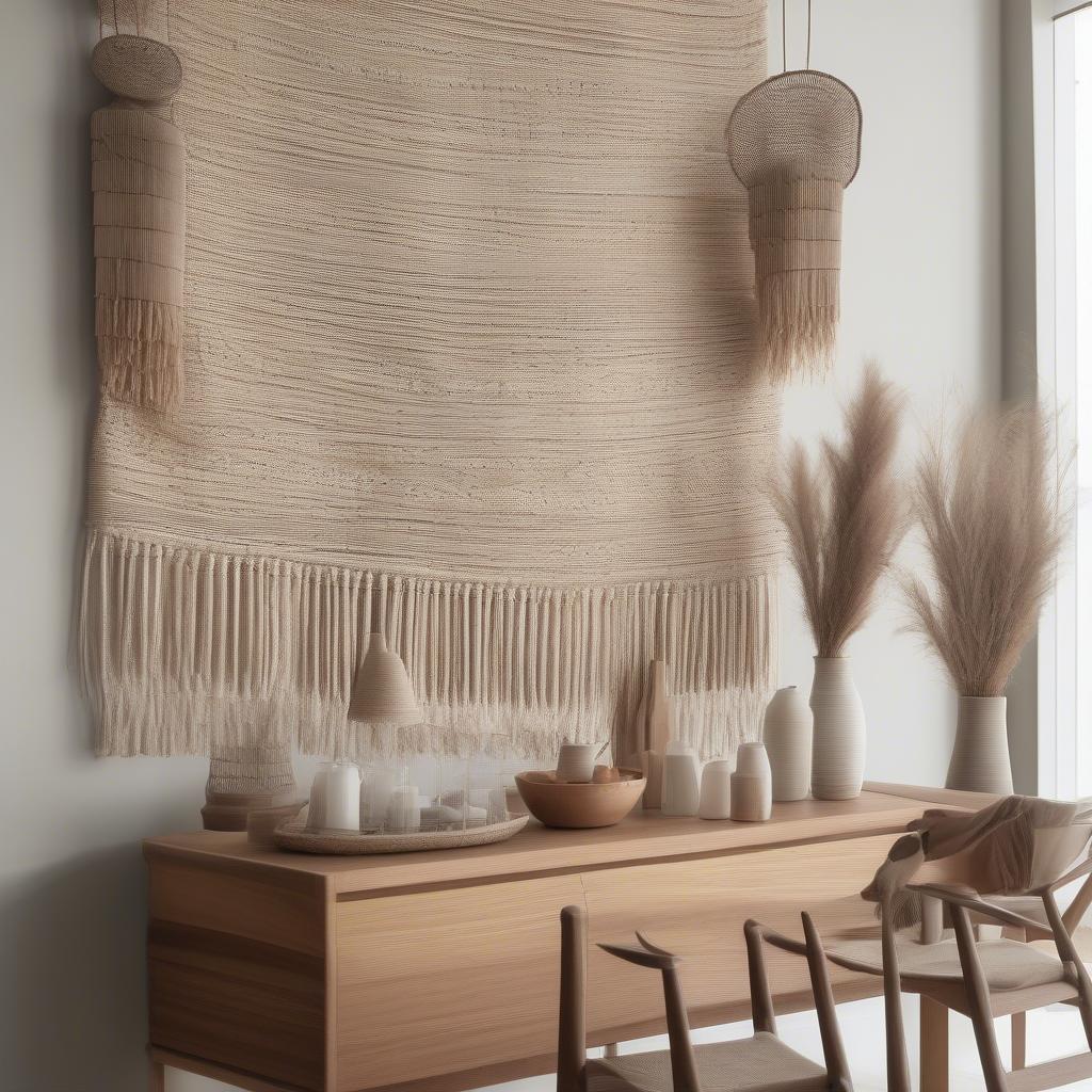 Woven wall hanging adds texture and warmth to a dining room