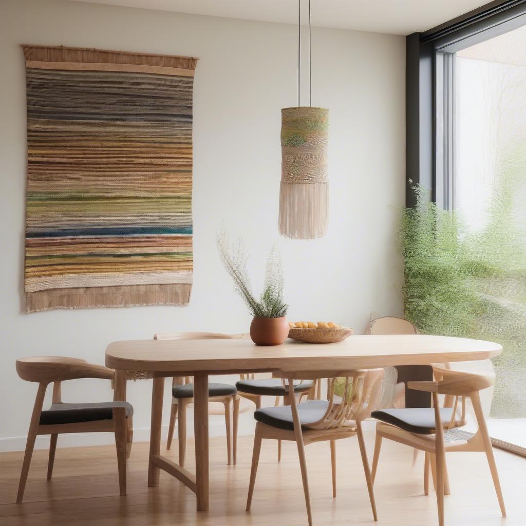 Woven wall hanging in a modern dining room