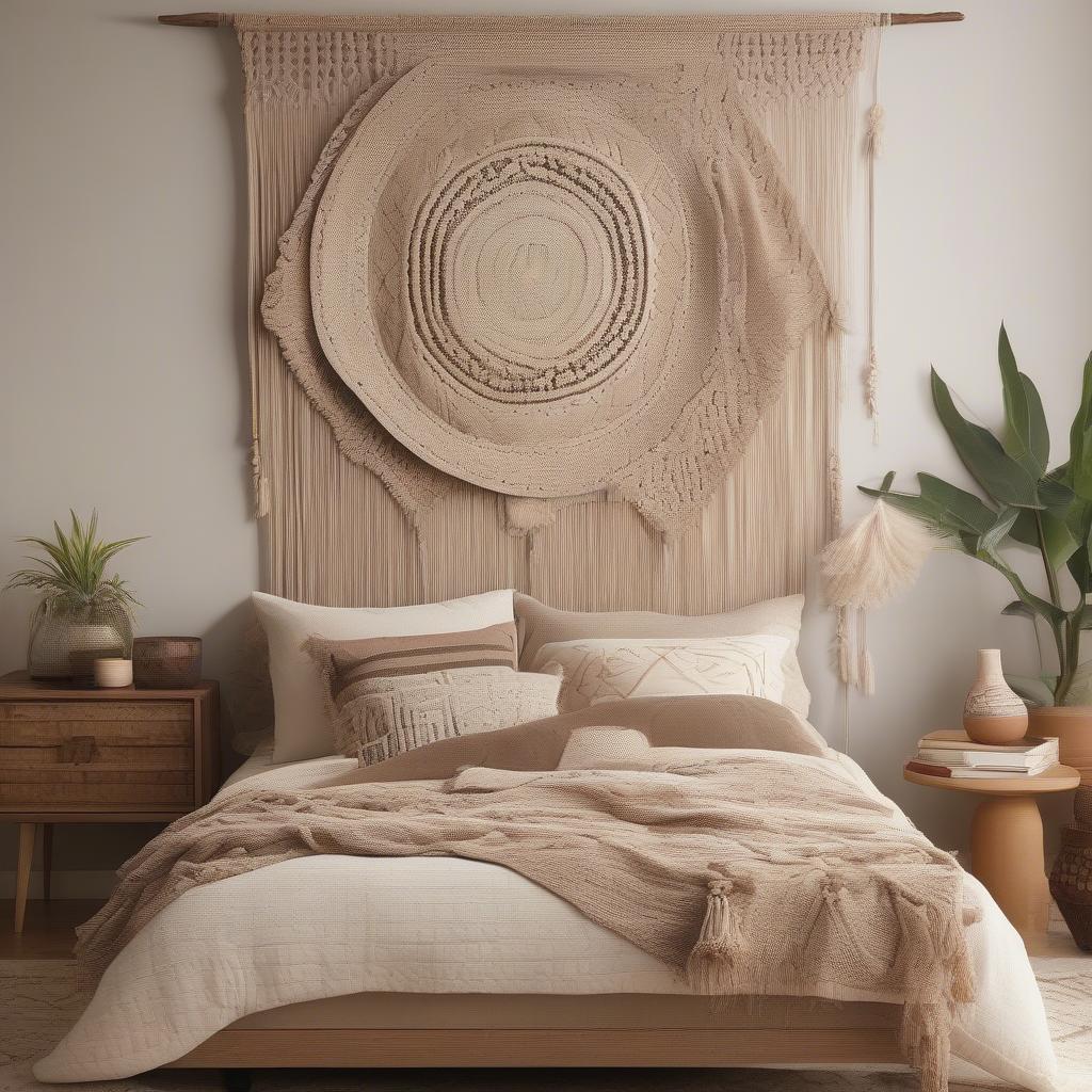 A large woven wall hanging adds texture and visual interest to a bedroom wall, creating a focal point and enhancing the room's bohemian aesthetic.