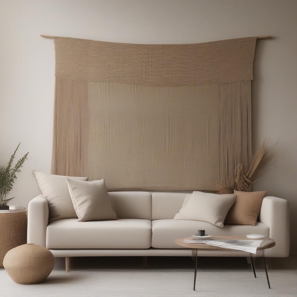 Woven wall hanging adding texture and warmth to a living room