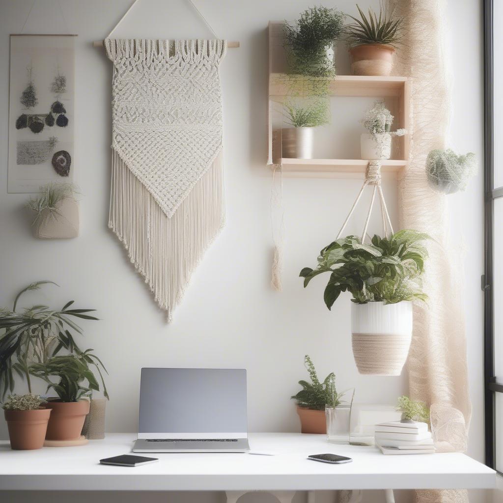 Woven wall hanging adding a bohemian touch to a woman's office