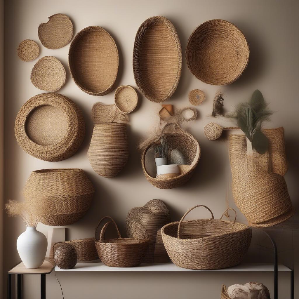 Woven wicker baskets arranged as wall decor in a bohemian living room.