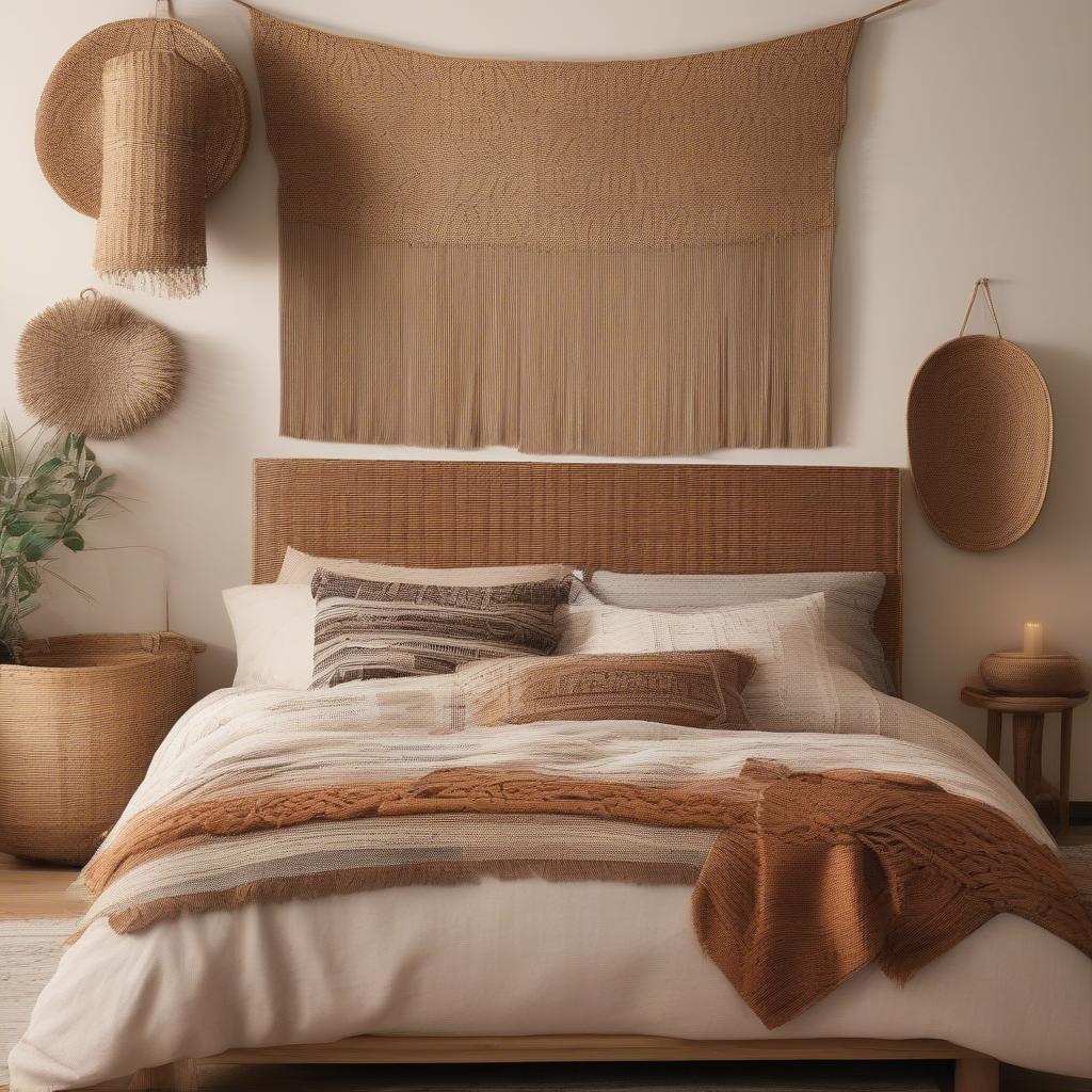 Woven wicker bed wall art adds a touch of natural elegance to a bohemian bedroom.