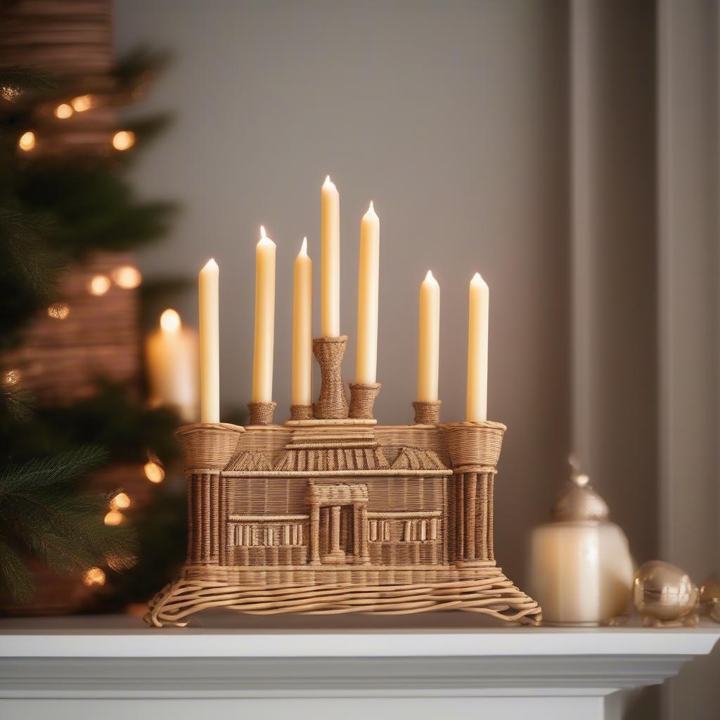 Woven Wicker Menorah on a Mantlepiece