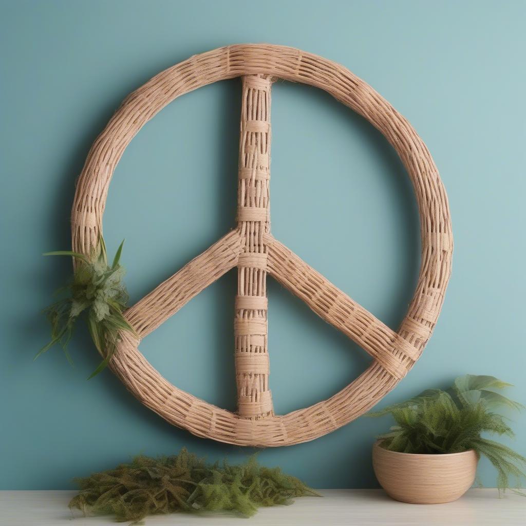 Woven wicker peace sign hanging on a light blue wall, surrounded by plants, creating a peaceful and calming atmosphere.