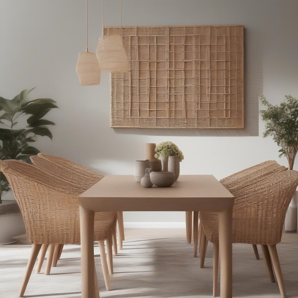 A large woven wicker wall art piece adds texture and visual interest to a dining room.