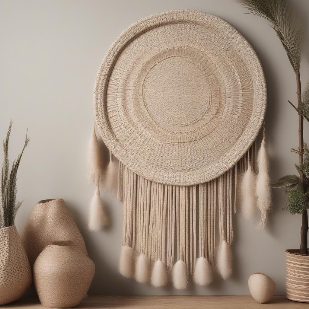 Bohemian style woven wicker wall hanging with tassels and feathers.