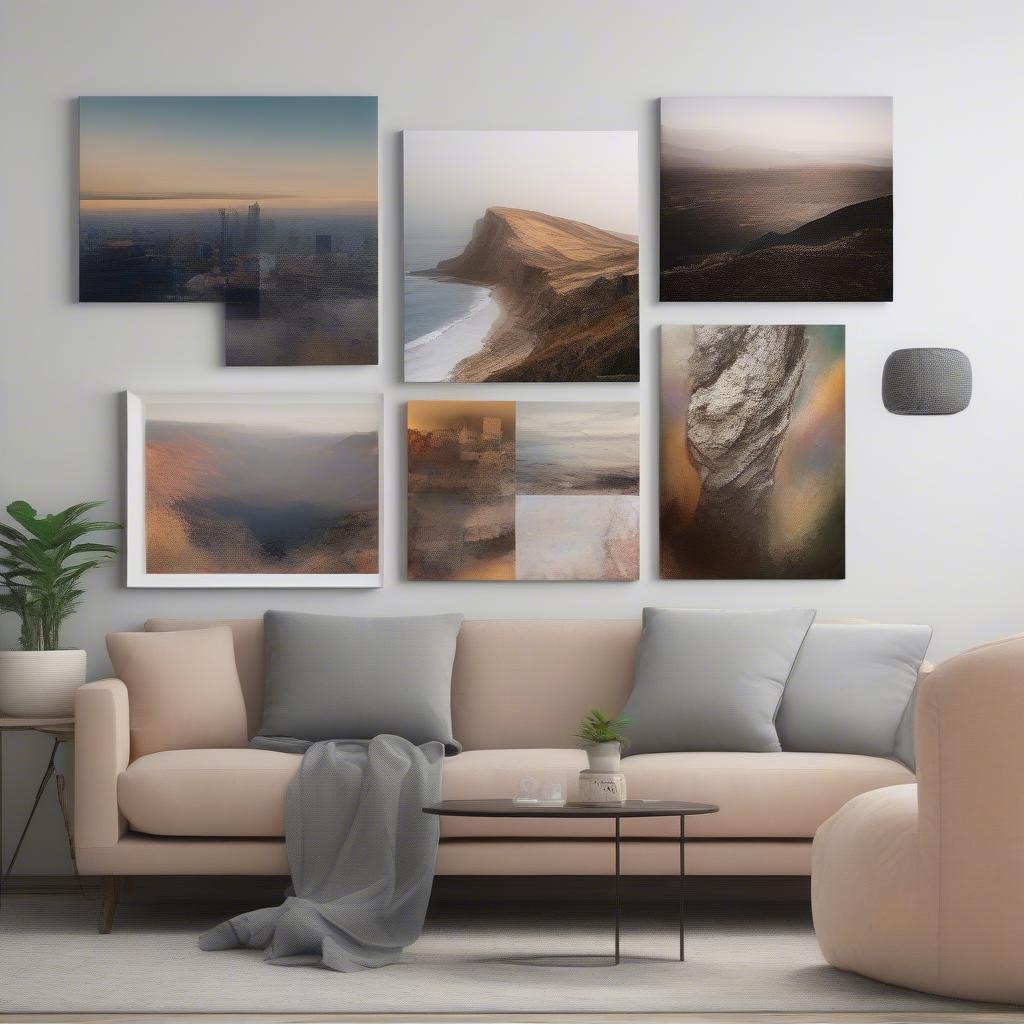 Variety of wrapped canvas art prints on display