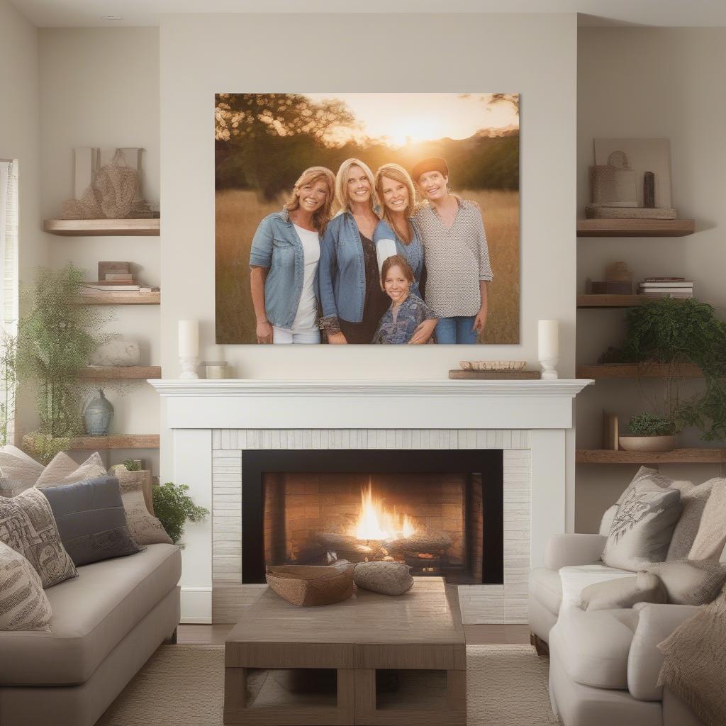 Wrapped canvas photo hanging above a fireplace in a cozy living room