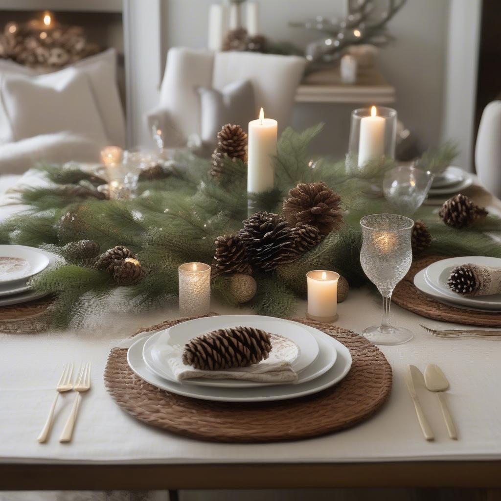 Xmas Modern Dining Table Decor: A beautifully set Christmas dining table featuring natural placemats, woven chargers, and a centerpiece with pinecones and evergreen branches, creating a festive and elegant atmosphere.