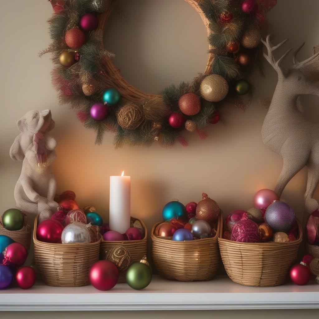 Xmas Modern Rattan Ornament Baskets: Small rattan baskets filled with colorful ornaments create a festive and organized display on a mantelpiece or shelf, adding a touch of natural charm to the holiday decor.