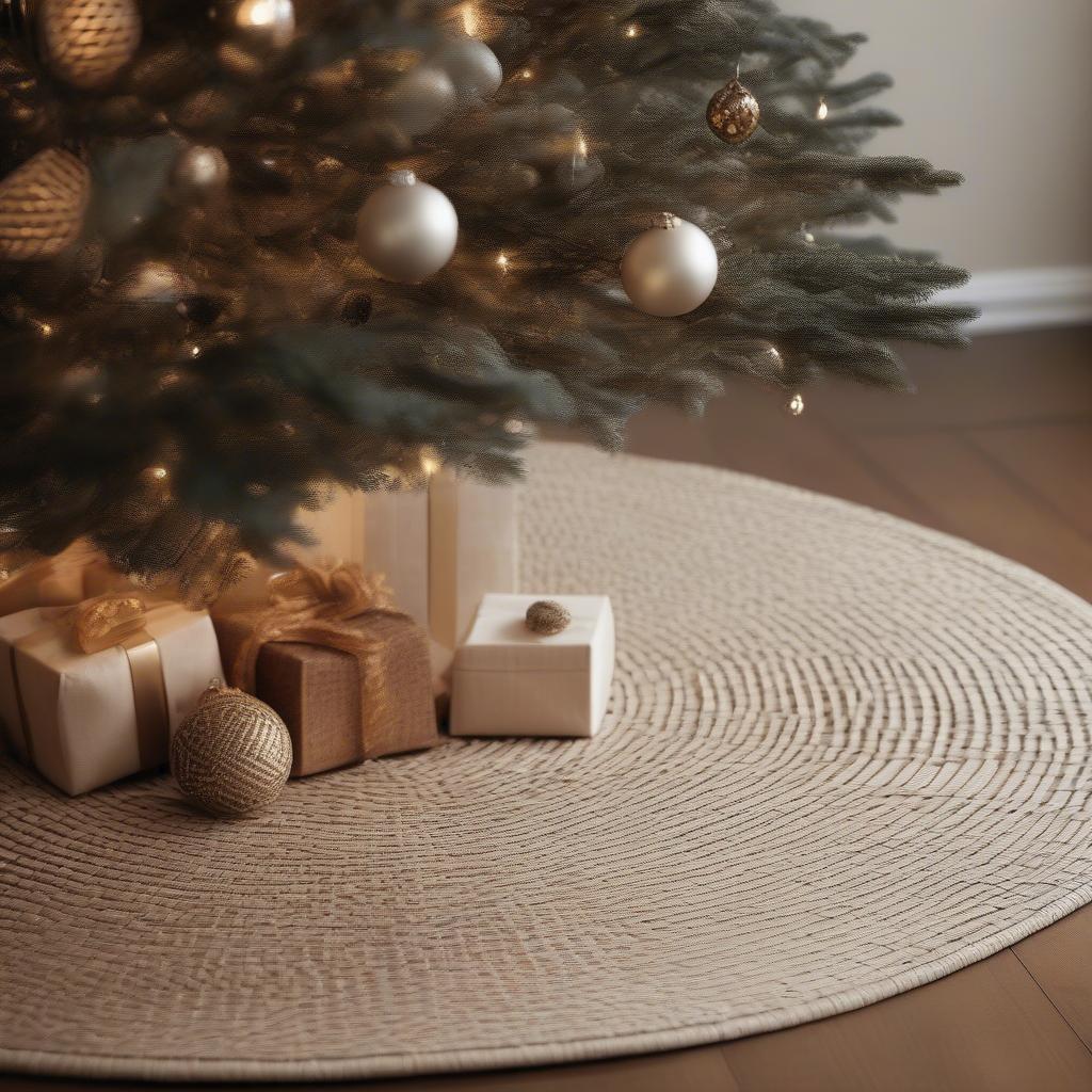 Xmas Modern Wicker Tree Skirt: A woven wicker tree skirt adds a touch of natural elegance to a modern Christmas tree setup, complementing minimalist ornaments and a neutral color palette.